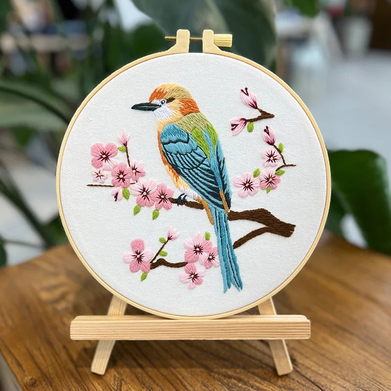 Borduurpakket rond - Bloemen en vogels starterset kruissteek voor beginners
