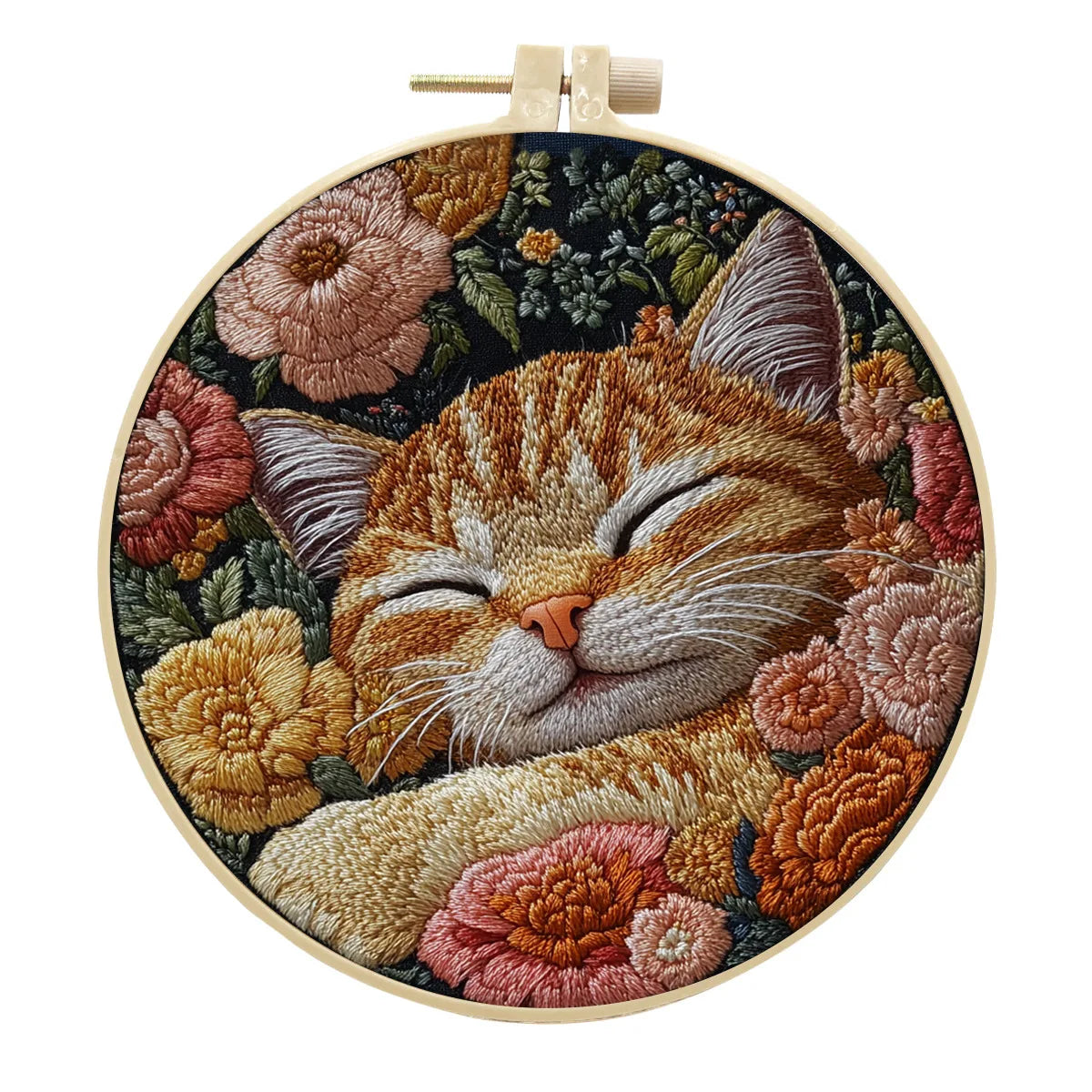 Borduurpakket rond kat en bloemen zwart patroon voor wanddecoratie