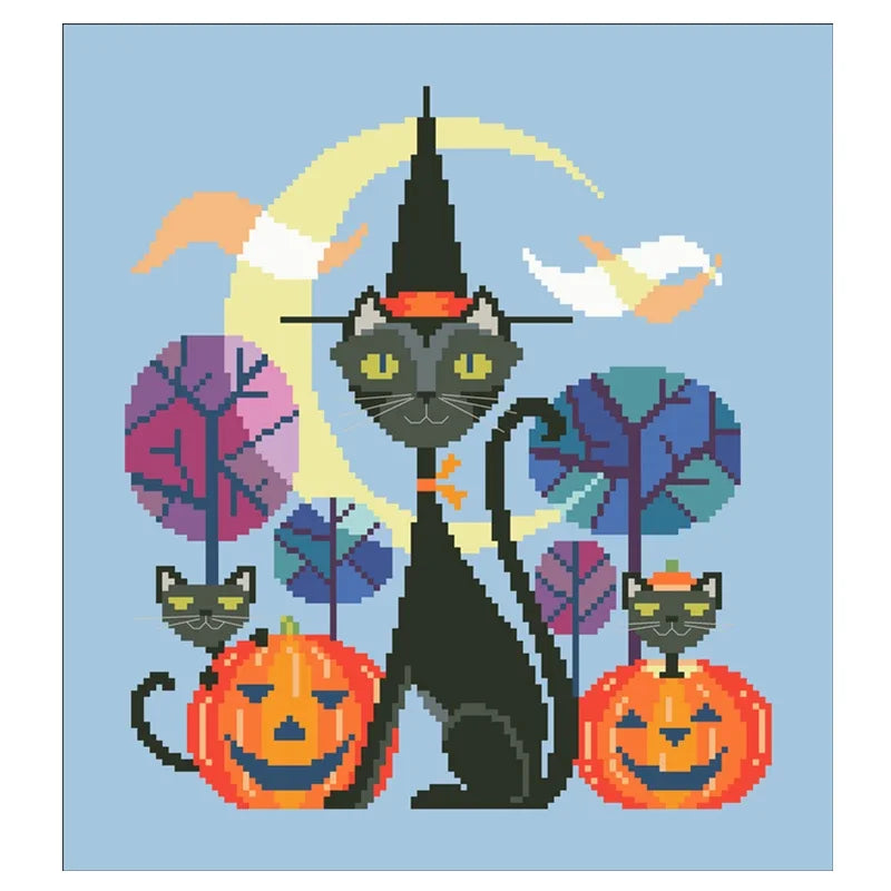Borduurpakket Halloween Kat – Kruissteek op Blauw Aida – 18ct/14ct/11ct