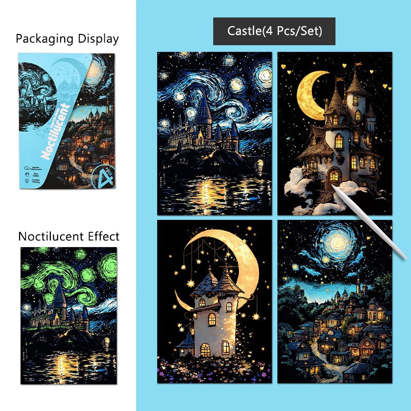 Krastekening Set A5 - Glow in the dark Kastelen & Dieren