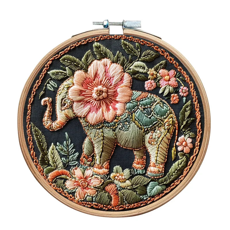Borduurpakket rond - Olifant kruissteek met garen en naalden
