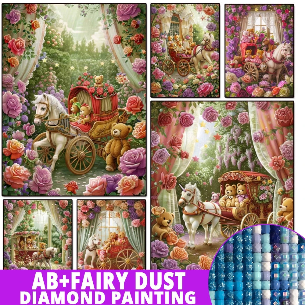 AB Diamond Painting op canvas – Fairy Dust Rozentuin met Koets en Beer