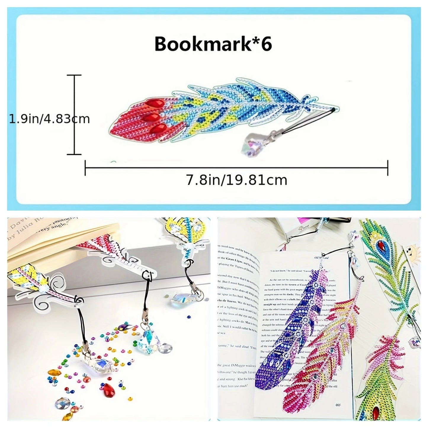 Diamond Painting Boekenlegger Veer – Set van 6 met Kristallen Hangers