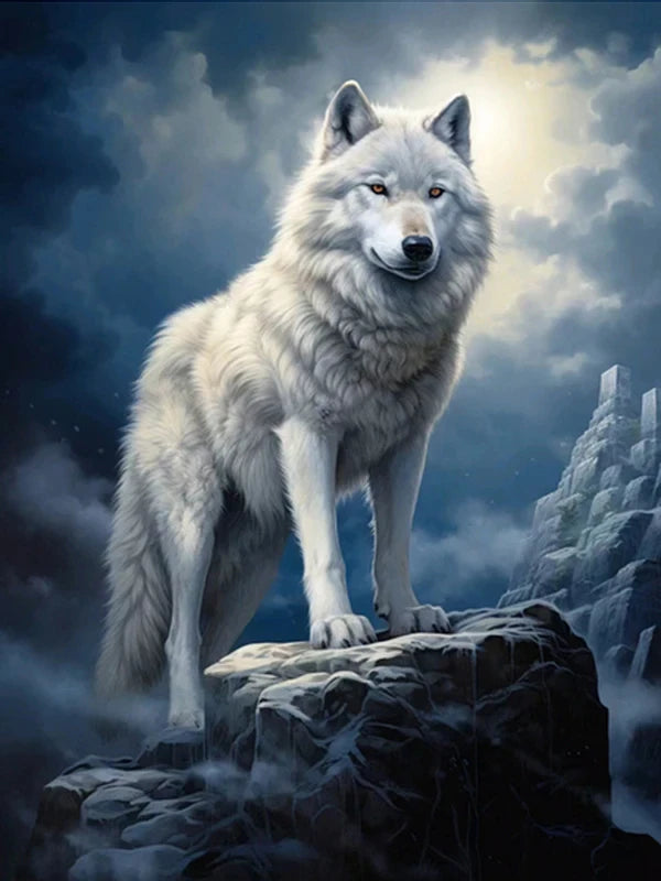 AB Diamond Painting op canvas – Wolf bij Maan en Bergen – Volledige bedekking – Keuze uit ronde of vierkante AB/Fairydust steentjes