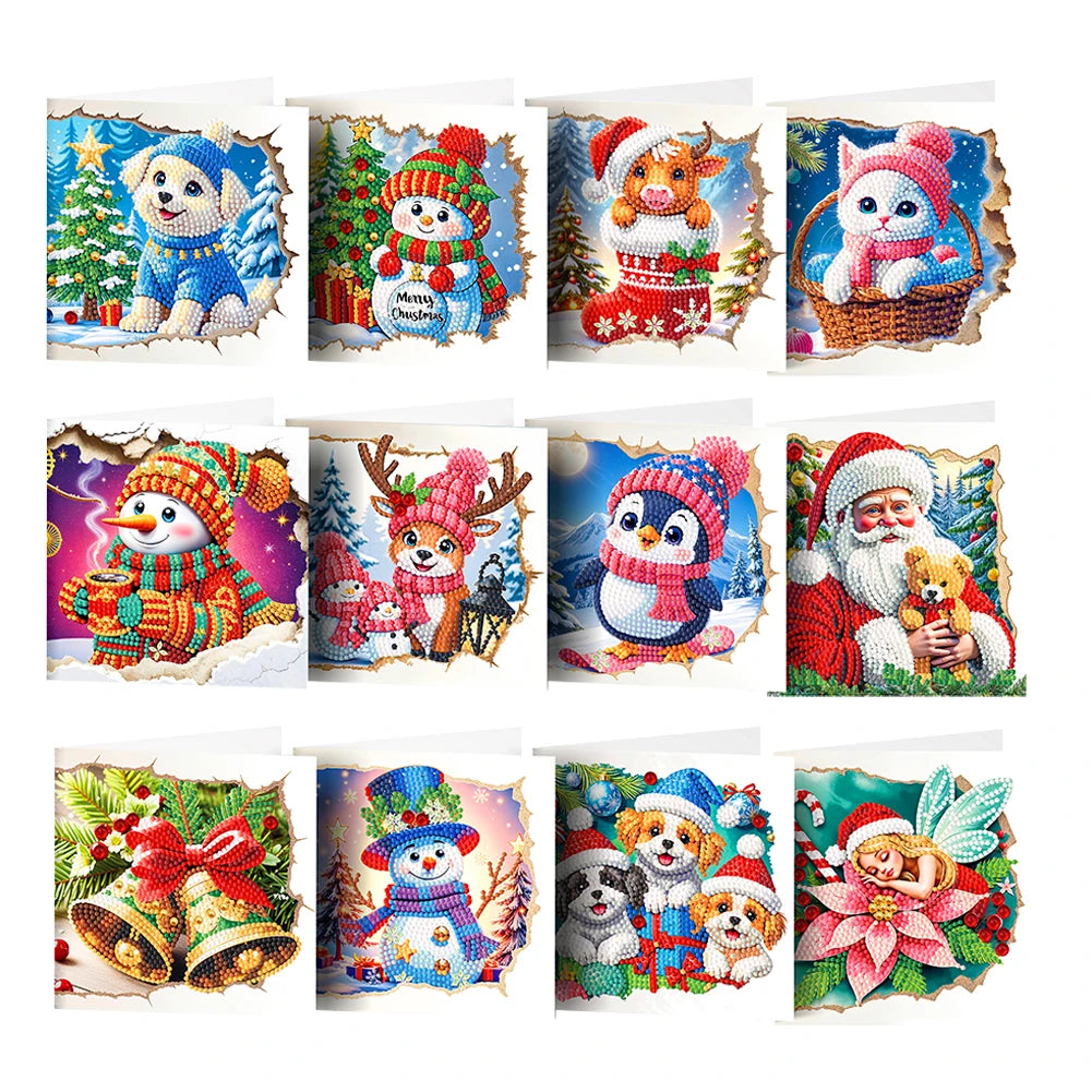 Diamond Painting Kerstkaarten 12 stuks – Feestelijke wenskaarten met strass steentjes