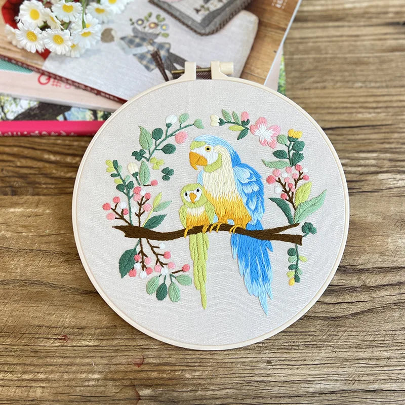 Borduurpakket rond - Bloemen en vogels starterset kruissteek voor beginners
