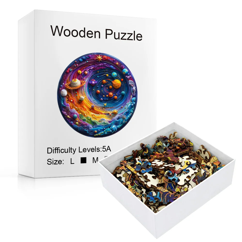 Houten figuren puzzel - Ruimte Planeet | Onregelmatig gevormde puzzelstukjes