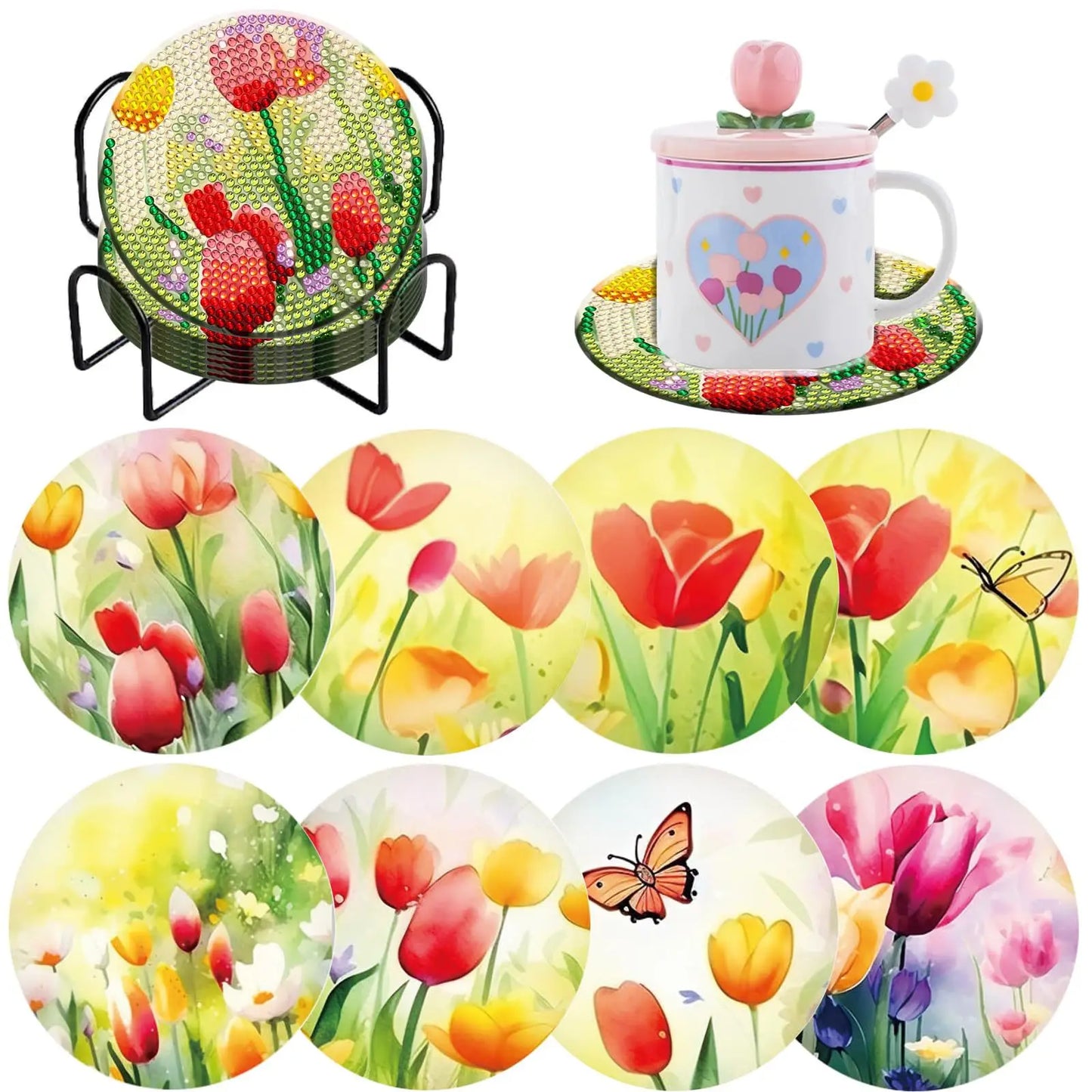 Diamond Painting Onderzetters Bloemen - Set van 8 stuks