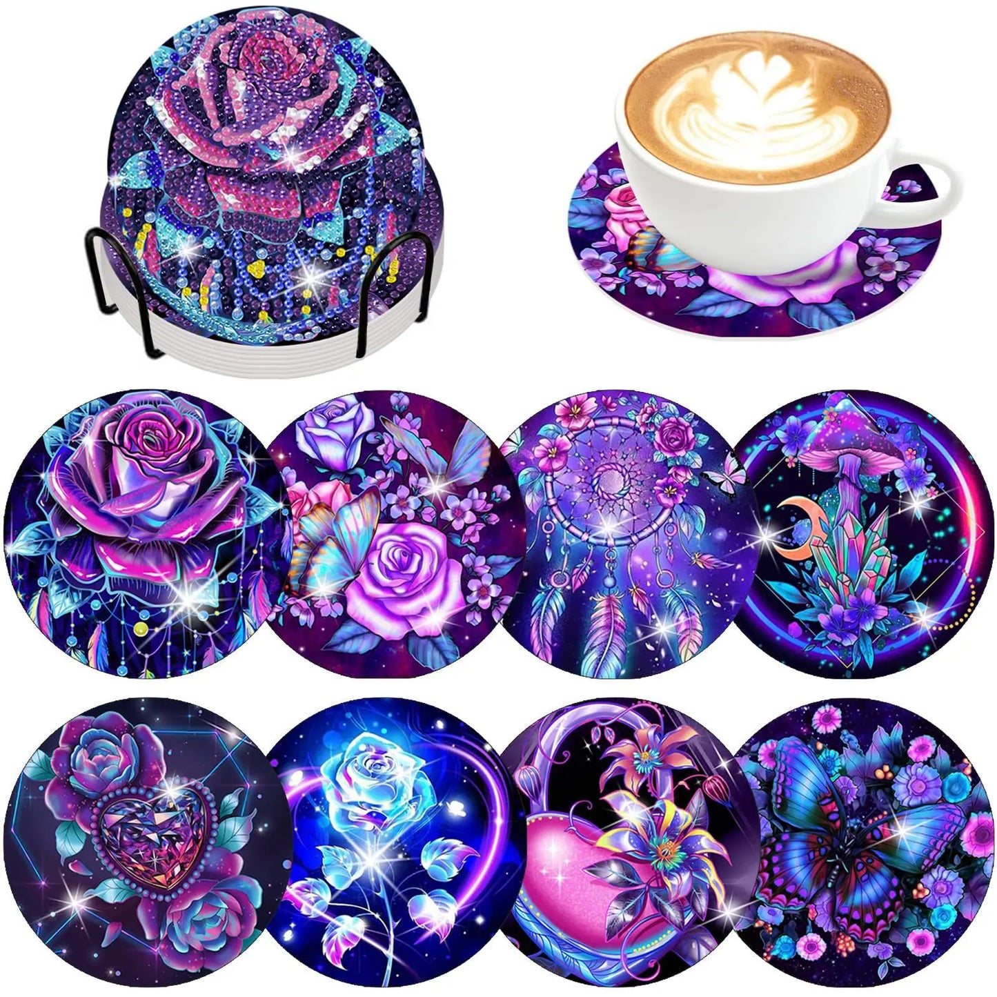 Diamond Painting Onderzetters Bloemen - Set van 8 stuks
