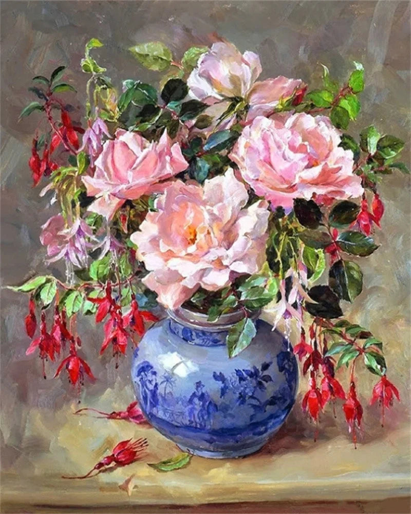 Schilderen op nummer – Bloemen met Rozen en Pioenen op Canvas