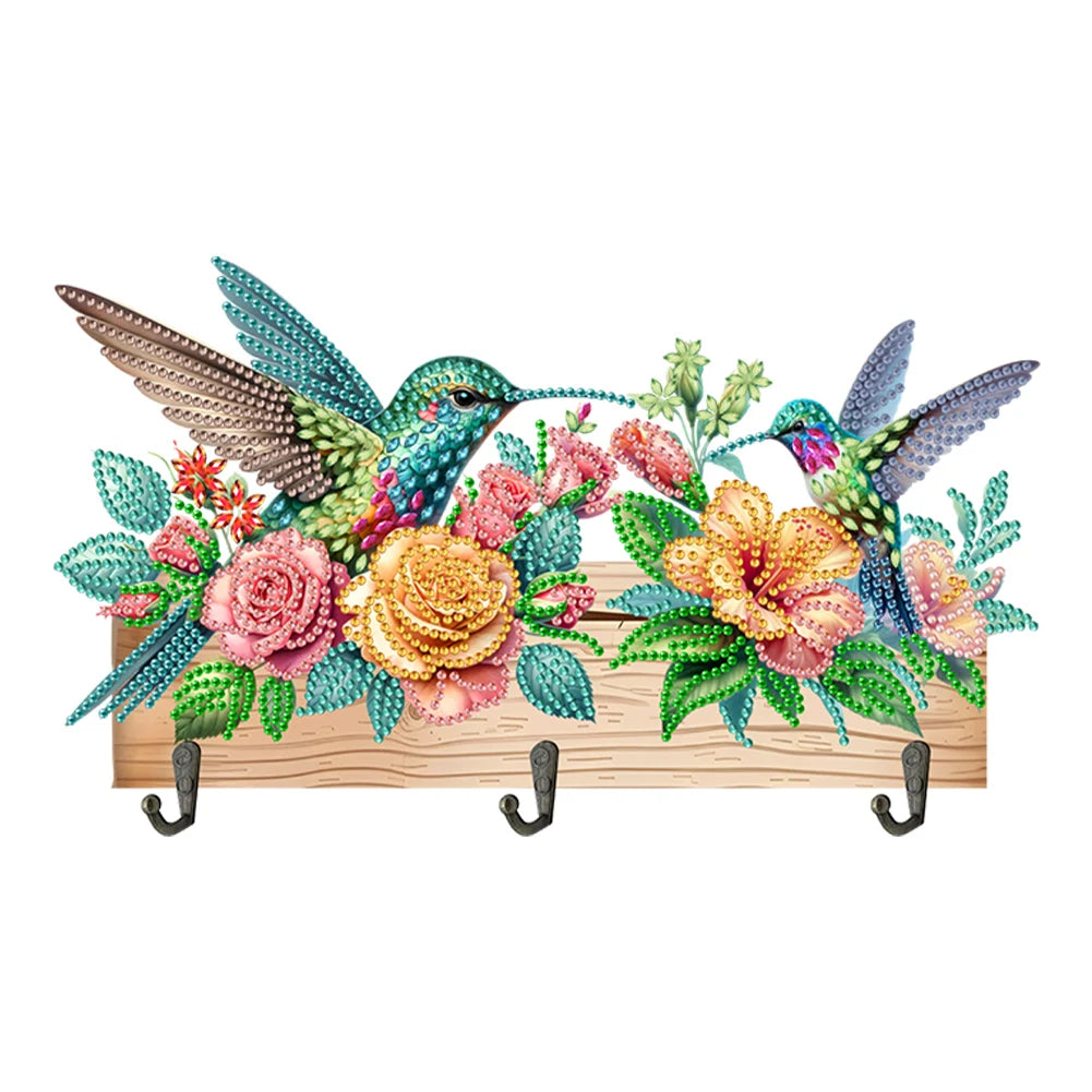 Diamond Painting Kapstok/Sleutelrek - Houten Libelle & Bloemen met Steentjes