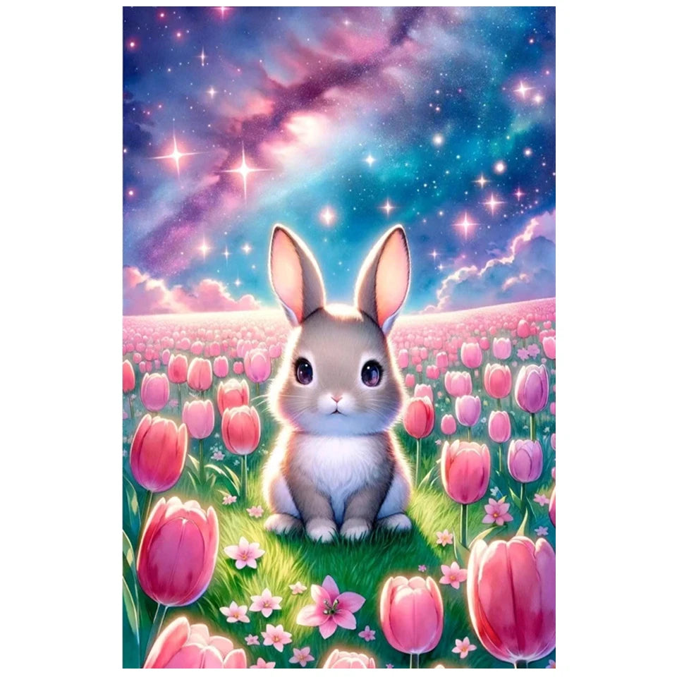 AB Diamond Painting op canvas - Tulp en Konijn met Fairy Dust en AB steentjes