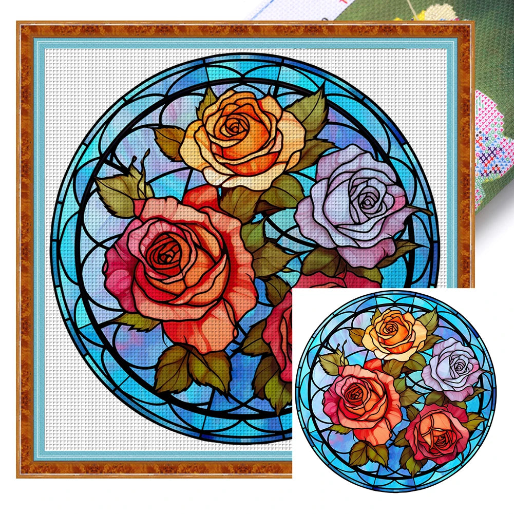 Borduurpakket Glas in lood design Bloem Patroon met Gedrukte Canvas en Eco-katoen