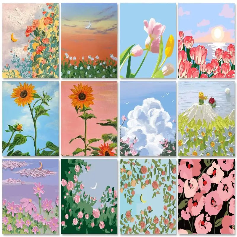 Schilderen op nummer - Bloemen op Linnen Canvas met Acrylverf