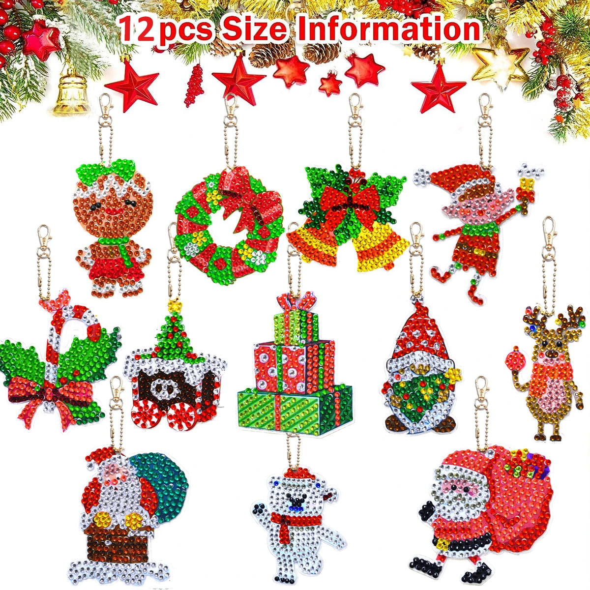 Diamond Painting Kerst Sleutelhanger set 12 stuks Dubbelzijdig - YSK162