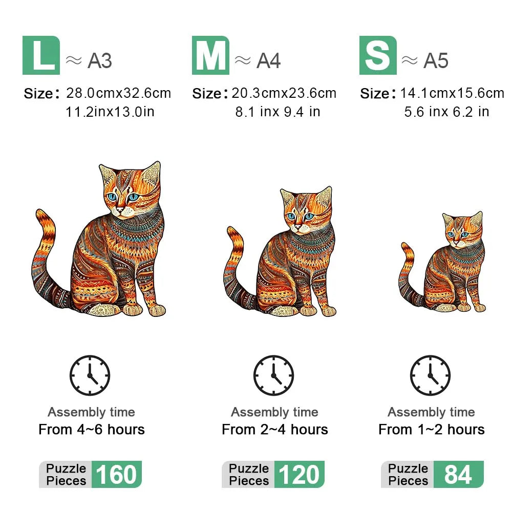Houten figuren puzzel kat – decoratieve dierenpuzzel cadeau voor volwassenen