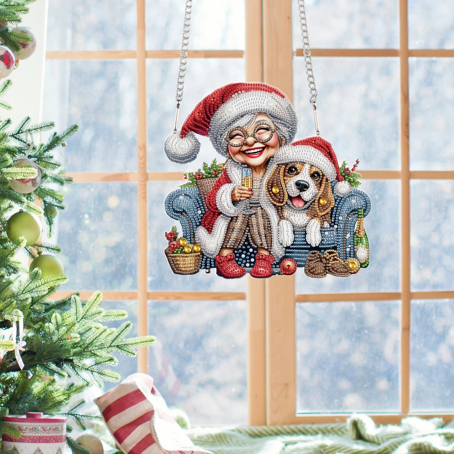 Diamond Painting Hangend Kerst Ornament - Happy Oma met puppy