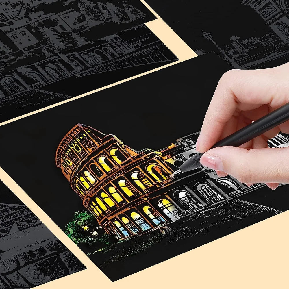 Krastekeningen Nachtelijke Stadsgezichten – Set van 4
