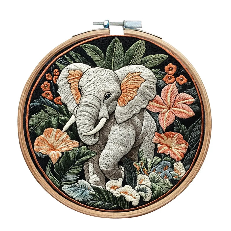Borduurpakket rond - Olifant kruissteek met garen en naalden