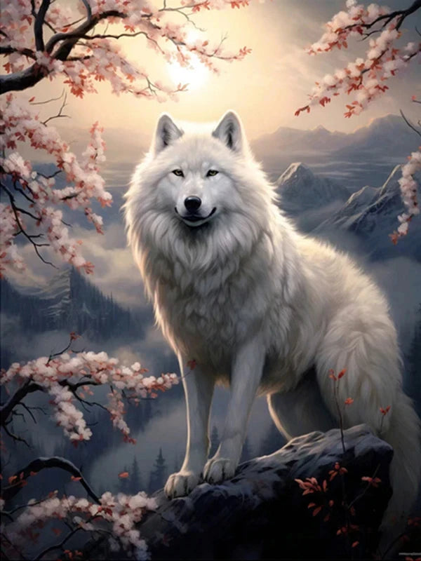 AB Diamond Painting op canvas – Wolf bij Maan en Bergen – Volledige bedekking – Keuze uit ronde of vierkante AB/Fairydust steentjes