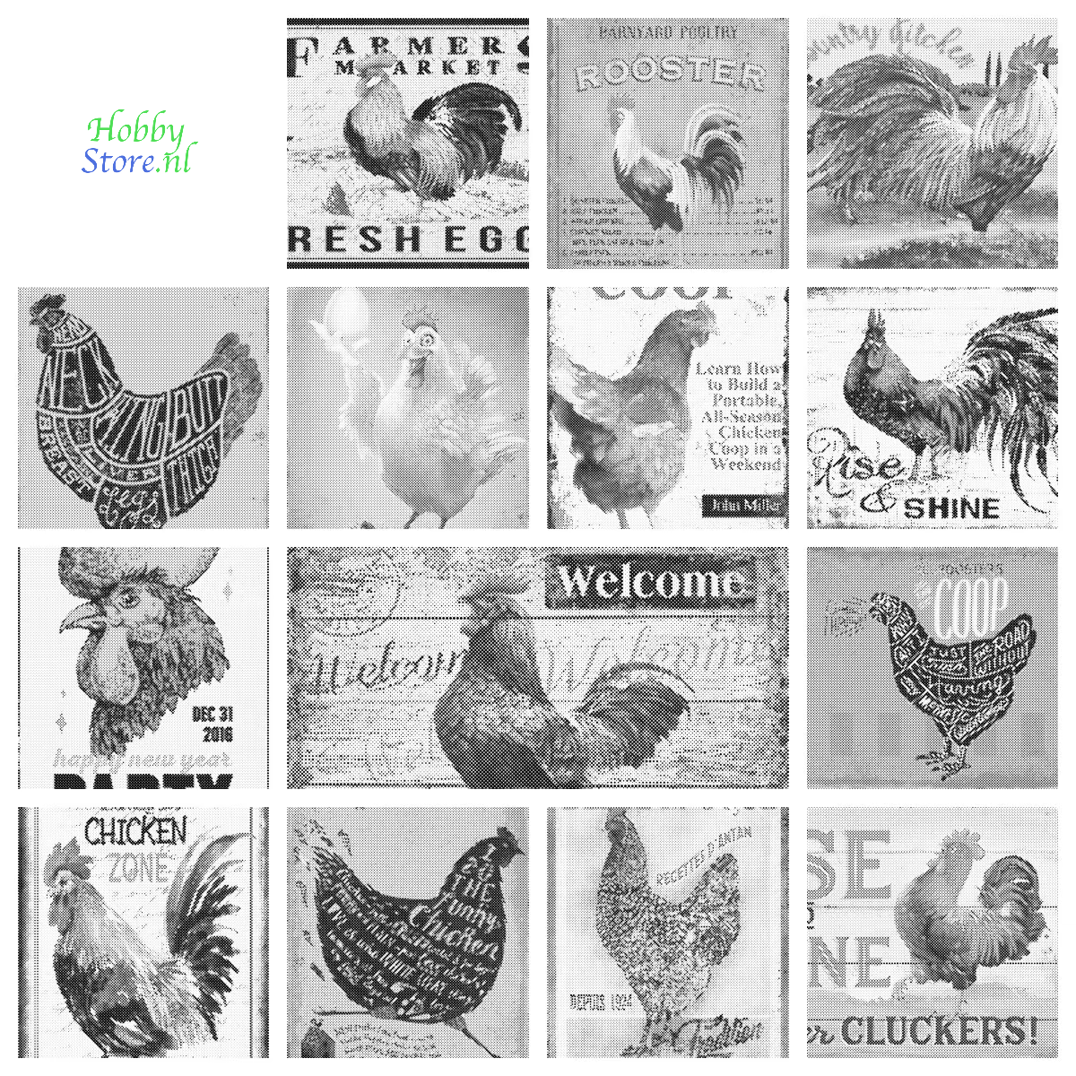 DOT Painting – Kippen & Hanen – 40x60cm t/m 60x90cm – Met of zonder stiften