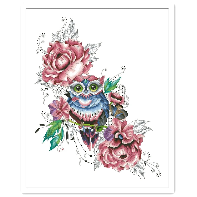 Borduur pakket Uil met bloemen patroon op wit canvas