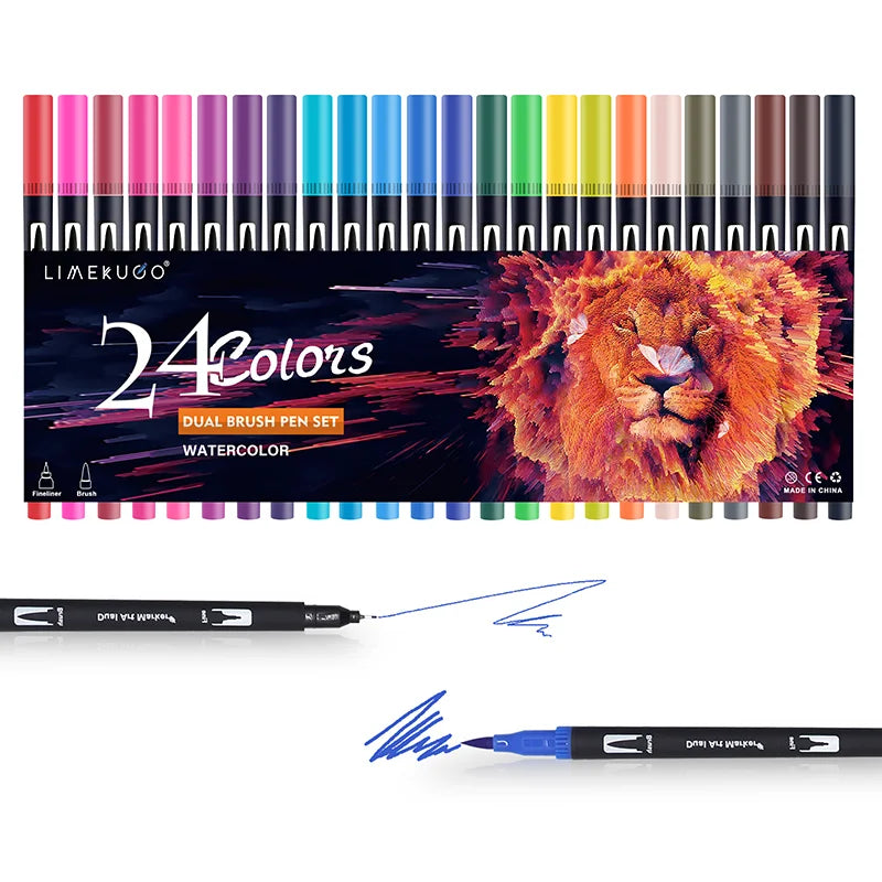 Stiften set met dual-tip brush pens en fineliner aquarel markers