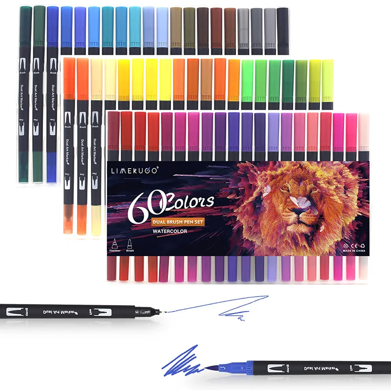 Stiften set met dual-tip brush pens en fineliner aquarel markers