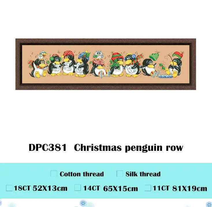 Borduurpakket Kerst pinguïn rij kruissteek set met linnen en katoendraad