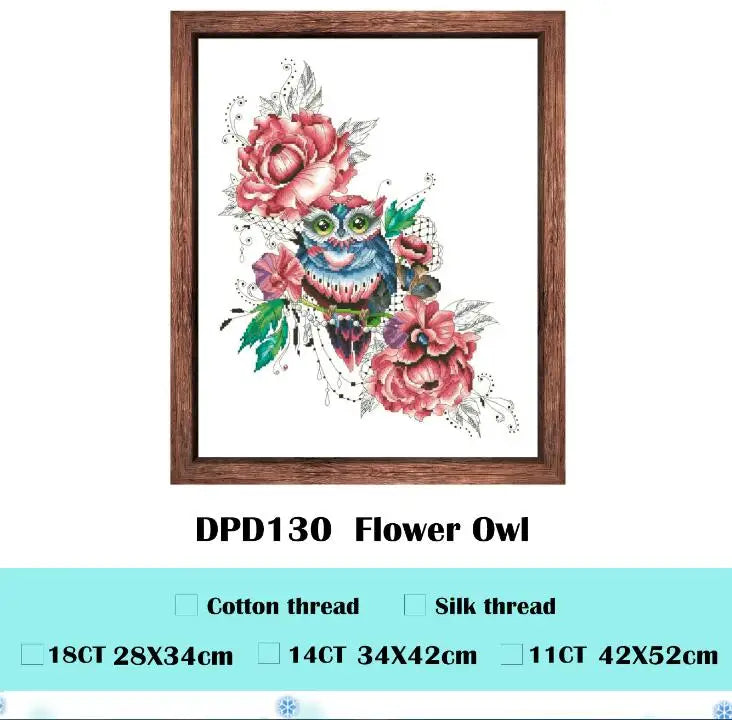 Borduur pakket Uil met bloemen patroon op wit canvas
