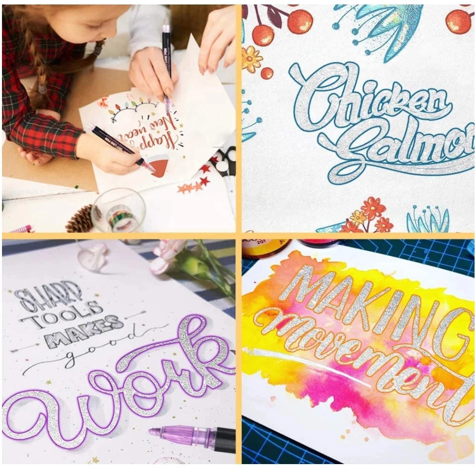 Stiften set met dubbele lijnen – metallic contour markers voor kaarten & bullet journal