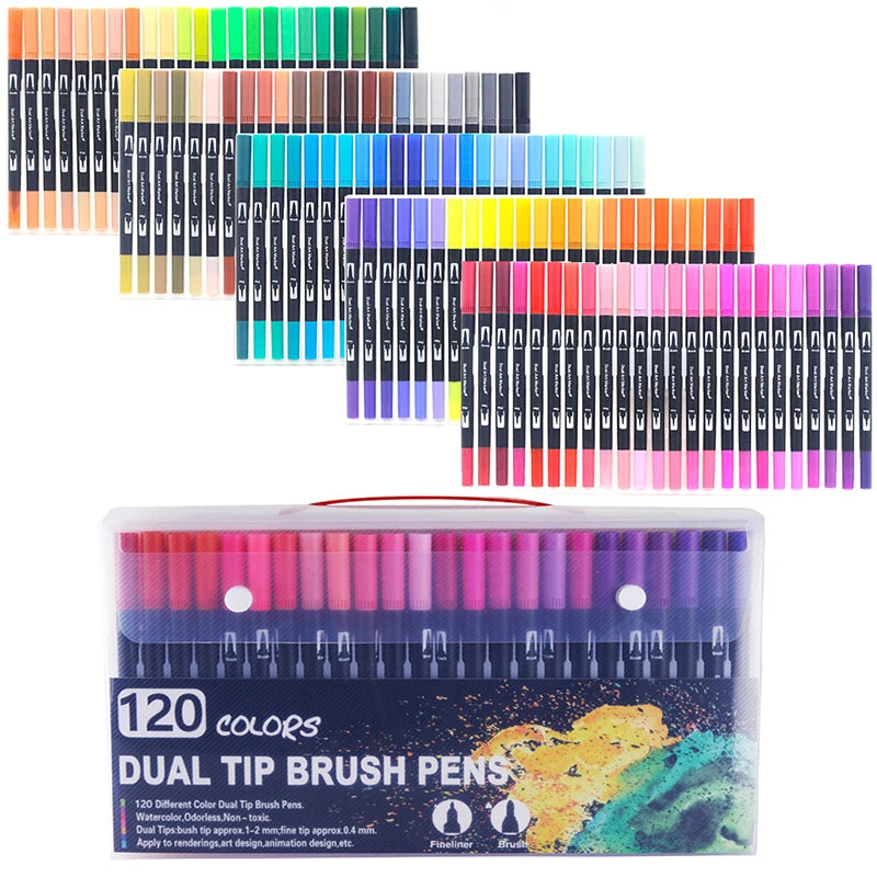 Stiften set met dual tip brush en fineliner in meerdere kleuren