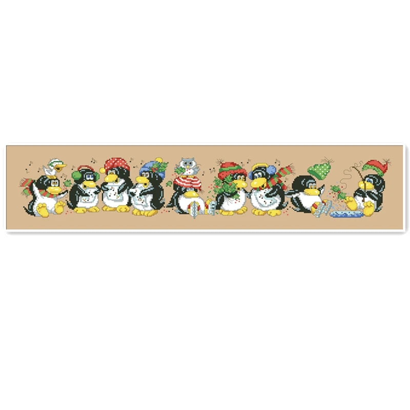 Borduurpakket Kerst pinguïn rij kruissteek set met linnen en katoendraad