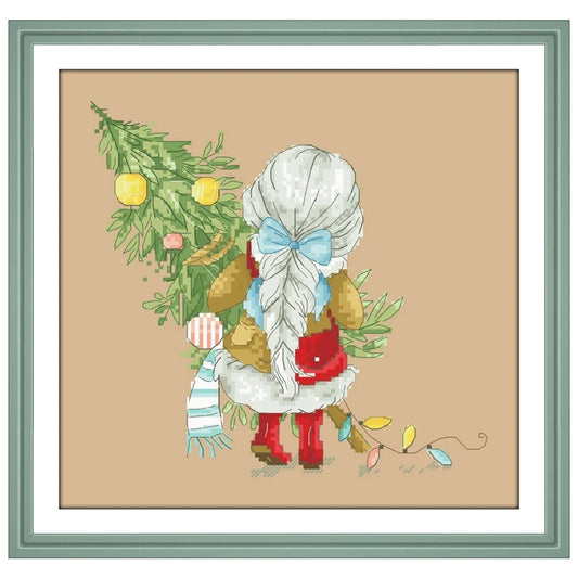 Borduurpakket meisje met kerstboom – kruissteek set