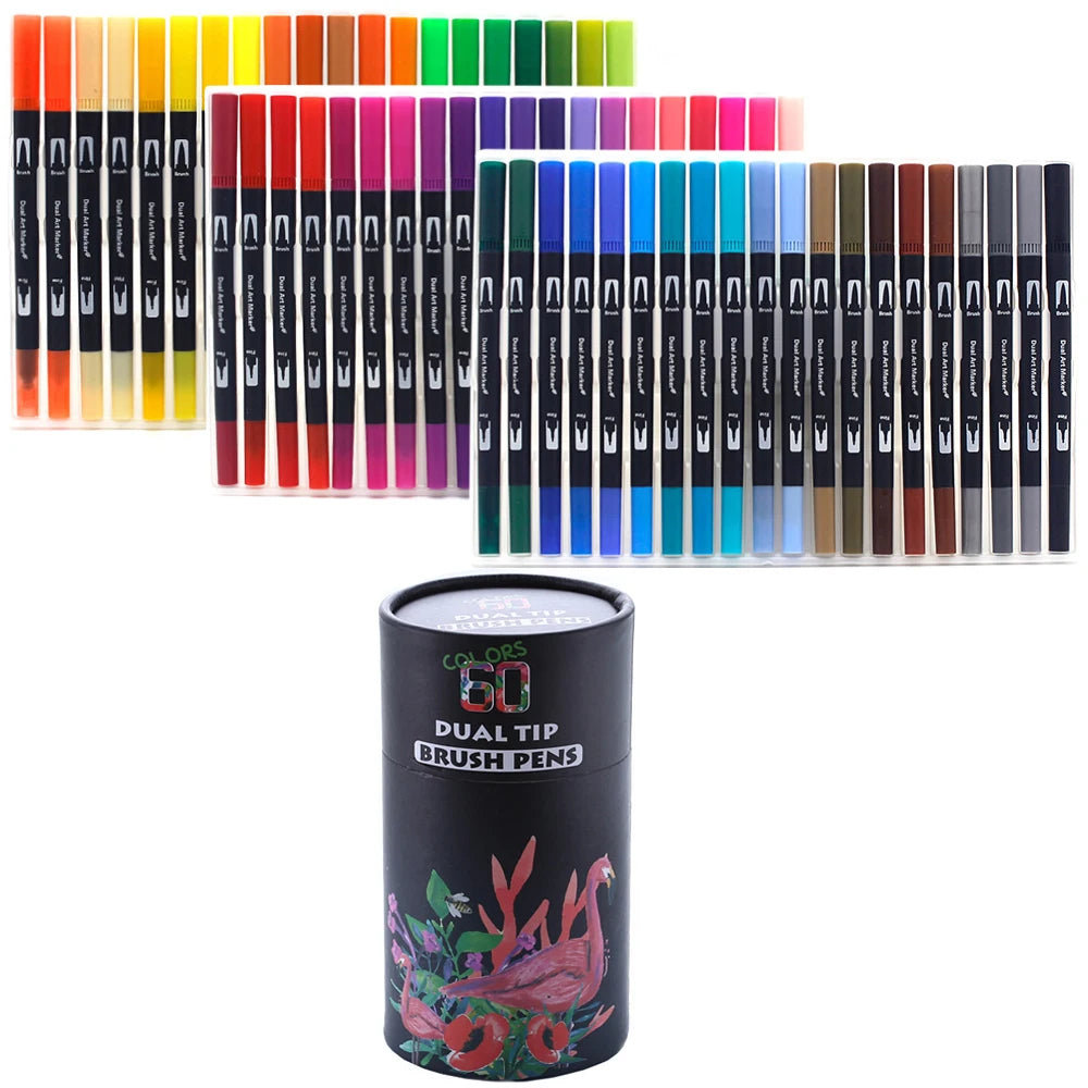 Stiften set Dual Tip Brush FineLiner voor schilderen, tekenen & handlettering (24/60 kleuren)