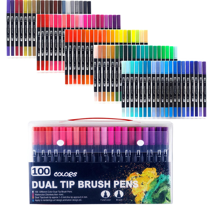 Stiften set met dual tip brush en fineliner in meerdere kleuren