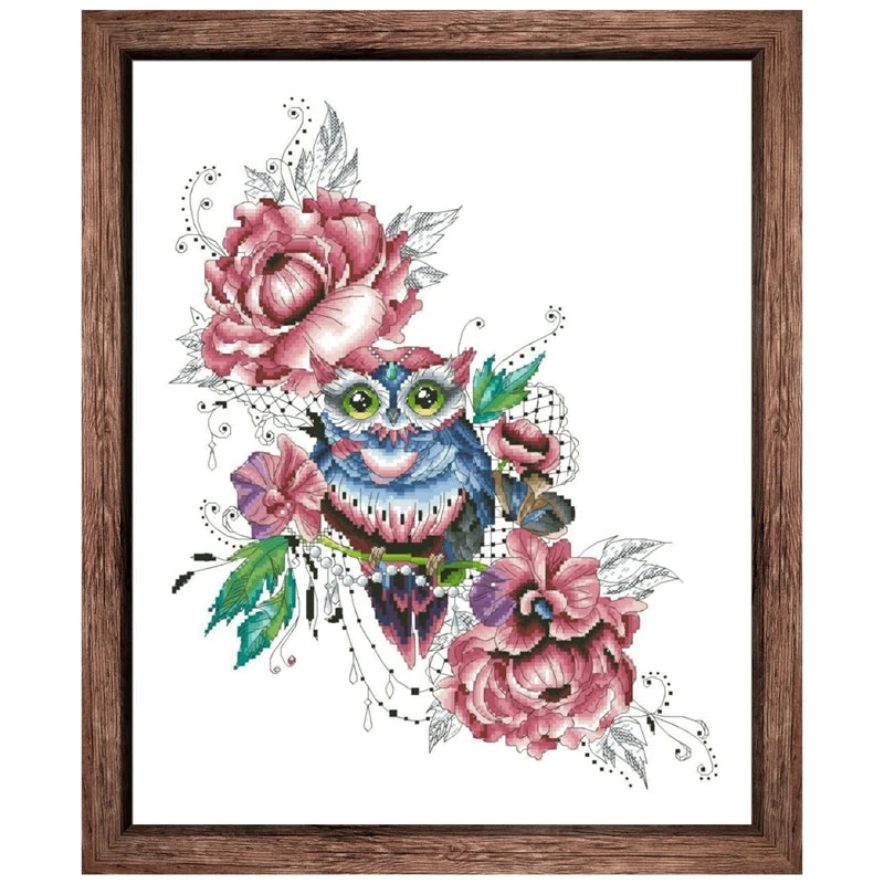 Borduur pakket Uil met bloemen patroon op wit canvas