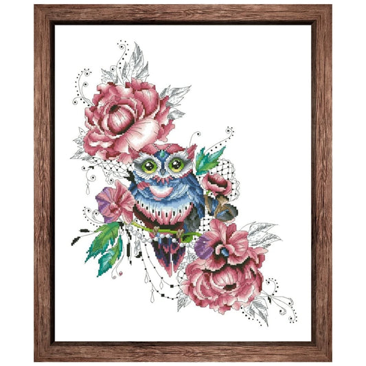 Borduur pakket Uil met bloemen patroon op wit canvas