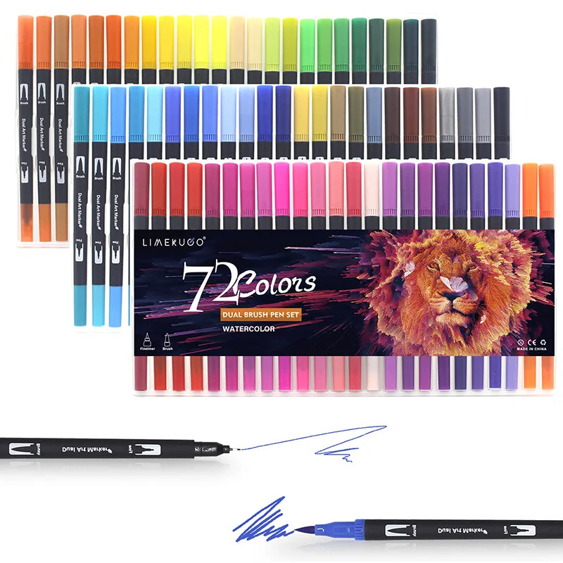 Stiften set met dual-tip brush pens en fineliner aquarel markers