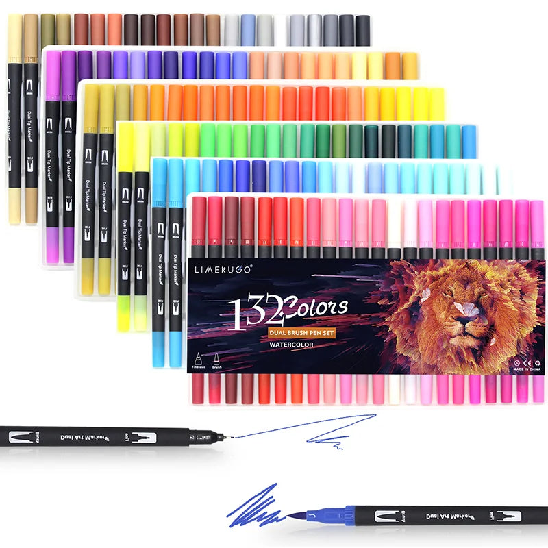 Stiften set met dual-tip brush pens en fineliner aquarel markers