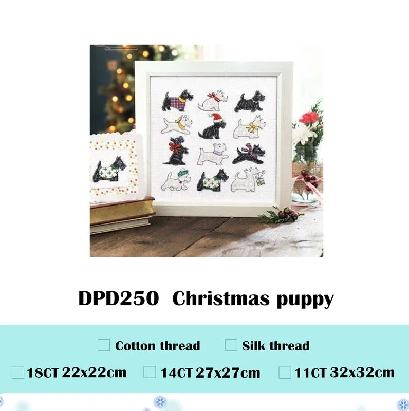 Borduurpakket Kerst puppy kruissteek set met katoen en onbedrukte stof