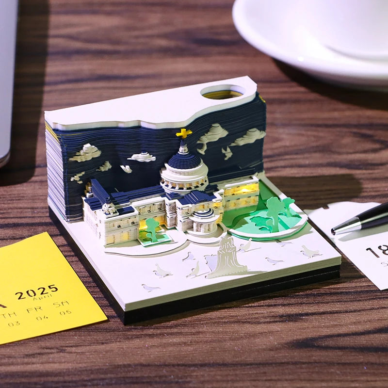 3D Papier Sculptuur Kathedraal LED Notitieblok met Pennenhouder – Creatieve Bureaudecoratie - 2025