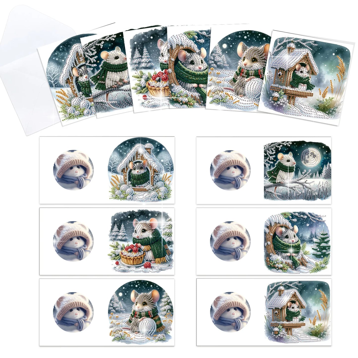 Diamond Painting Kerstkaarten set met muis en feestelijke ontwerpen