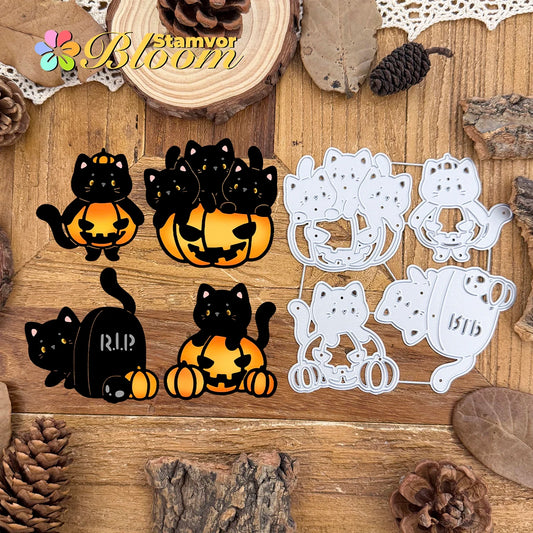 Metalen snijmallen Halloween pompoenen en katten embossing set