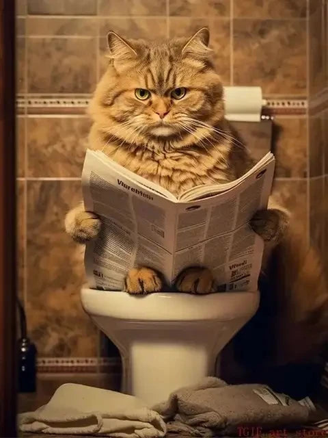 AB Diamond Painting met Fairy dust steentjes Kat op Toilet Krant
