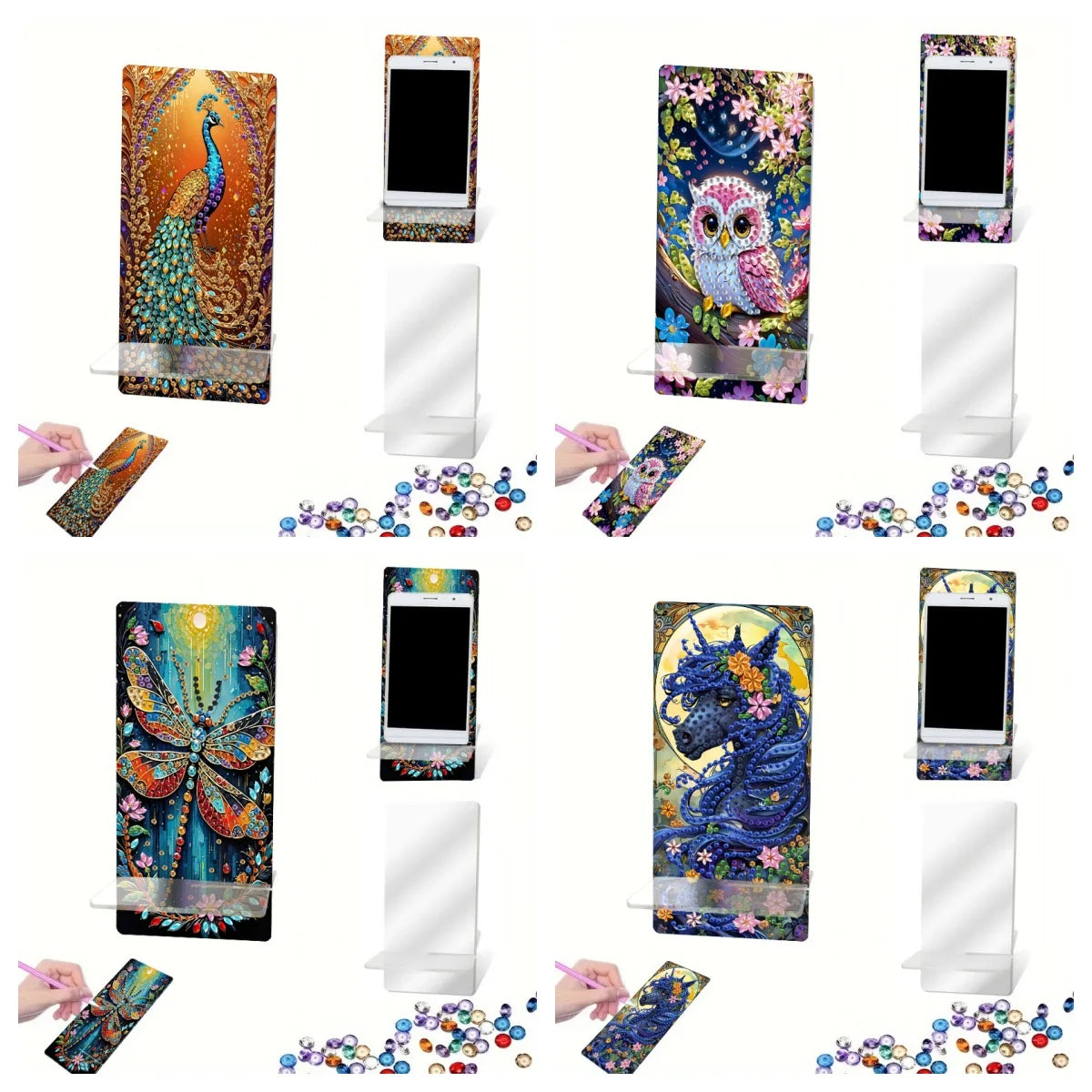 Diamond Painting Telefoon standaard pauw uil kristal houder spiegel