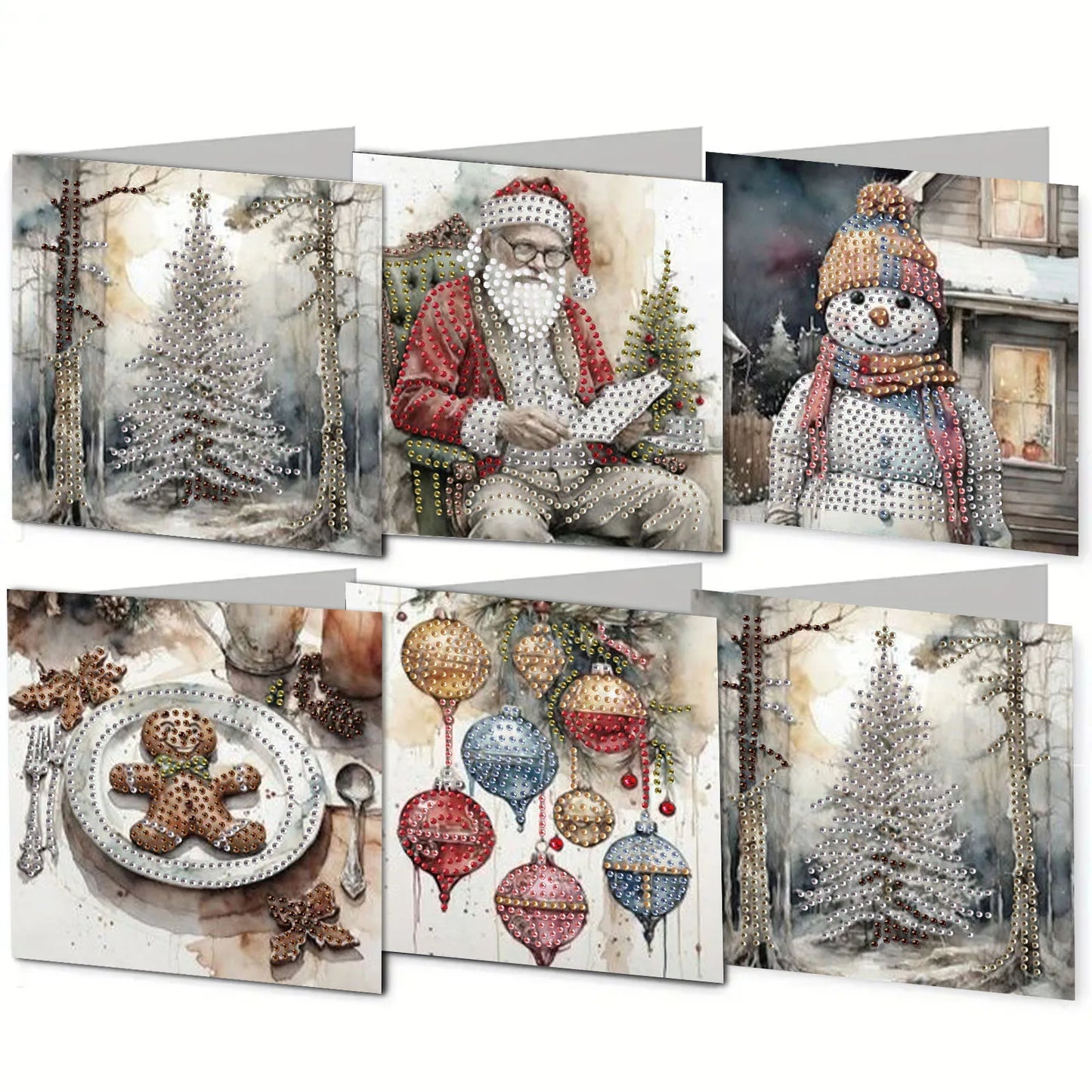 Diamond Painting Kerstkaarten set – 6 stuks feestelijke wenskaarten met strass steentjes