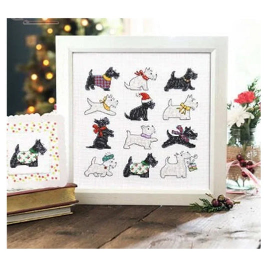 Borduurpakket Kerst puppy kruissteek set met katoen en onbedrukte stof