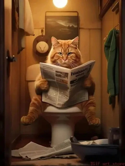 AB Diamond Painting met Fairy dust steentjes Kat op Toilet Krant