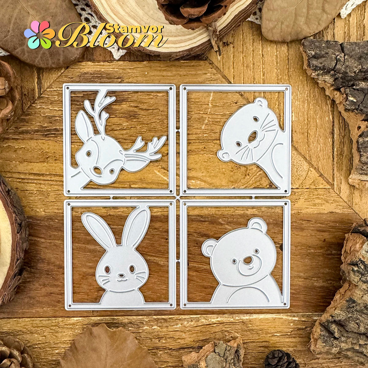 Metalen snijmal bosdieren in vierkante frames voor kaarten en decoratie